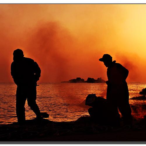 아침 작업의 실루엣